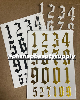 **Large OLD ENGLISH NUMBERS (Gold, White & Black)Stickers 3pcs